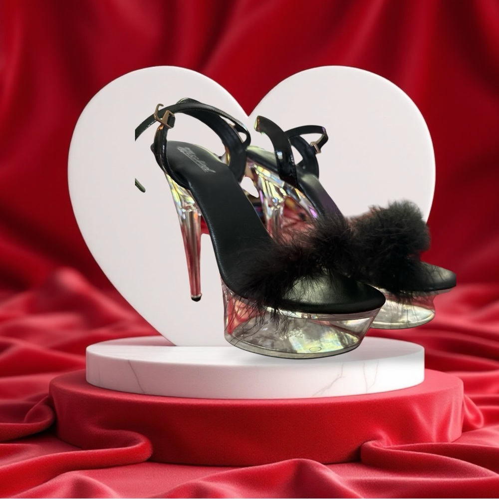 Elegant Black Platform Heels with Fur Detail worn one time size 9 lucite 6”